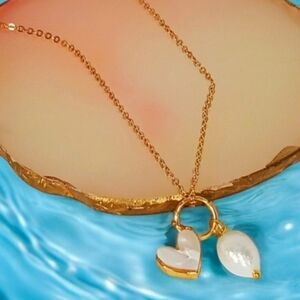 Gold Pendant Necklace with Heart & Pearl Charms Coquette Girl Dollette Lolita